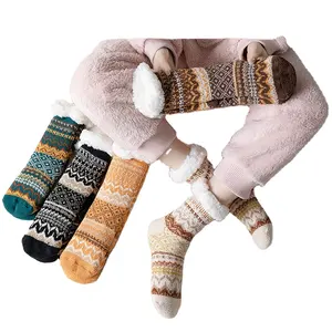 Top ranking winter thermal fur Cashmere lined knitted bedroom non slip fluffy fuzzy floor socks for 9 degree centigrade below