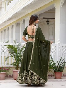 Green Embroidered Georgette <b>Lehenga</b> Choli Set Heavy Sequin Work <b>Women</b> Wedding Party Outfit - Product Image 3