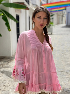 Women Simple Pink Embroidered 100% Organic Cotton Beach Cover Dress Deep V Neck Tassel Mini Kaftan Boho Summer Resort Wear - Product Image 3