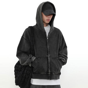 Sweat à capuche oversize streetwear délavé effet usé, design personnalisé, 100% coton épais, fermeture éclair intégrale, pour homme et femme - Product Image 6