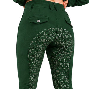 Leggings de equitación para mujer verde oscuro, de cintura alta, elásticos, con agarre completo de silicona, pantalones de competición para montar a caballo - Product Image 5