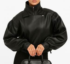 เสื้อแจ็คเก็ตหนังแท้ทรงบอมเบอร์โอเวอร์ไซส์สำหรับผู้หญิง พร้อมเข็มขัด สไตล์ไบค์เกอร์ ซิปหน้า - Product Image 1