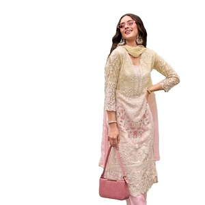 New Latest Embroidery Work Soft <b>Organza</b> Kurti and Pant with Moti Work Dupatta Set - Product Image 1