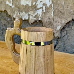 Premium Handcrafted Wooden Beer <b>Mug</b> Natural Oak Viking Tankard Rustic Barrel Style Wooden Drinking <b>Mug</b> with Stainless Steel Band - Product Image 5