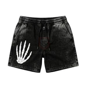 Pantalones Cortos Modernos de Algodón Pesado con Lavado Ácido Color Carbón, Ajuste Relajado, Estampado Gráfico de Mano de Esqueleto, Estilo Urbano, para Hombre - Product Image 1