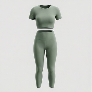 Ensemble de yoga deux pièces à manches courtes avec soutien-gorge intégré pour femme, tenue de sport et d'exercice, vêtements de fitness et athlétiques, avec logo personnalisé - Product Image 1