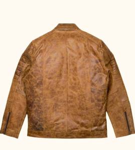 PIHA SPORTS Men's Genuine Leather Varsity Jacket Stand Collar Regular Fit Winter Biker Style <b>Covered</b> <b>Button</b> Closure Brown Washed - Product Image 1