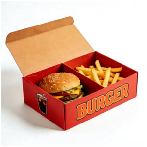 Caja de Cartón Corrugado para Hamburguesas y Papas Fritas, Personalizable con Logotipo, Ecológica, Biodegradable, Desechable, con Laminado Mate y Relieve - Product Image 1