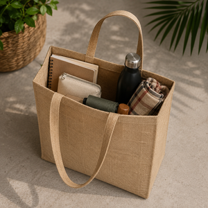 Premium Natural Jute Tote <b>Bag</b> with <b>Long</b> Shoulder Handles Reusable Eco Friendly Shopping Grocery Beach Travel Gift Carryall - Product Image 3