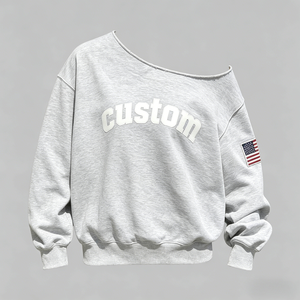 เสื้อสเวตเชิ้ตโอเวอร์ไซส์แบบเปิดไหล่สำหรับผู้หญิง สไตล์ลำลองสบายๆ แต่งแพทช์ ขอบรุ่ย ทรงหลวม ยาว ใส่ได้ทั้งฤดูใบไม้ร่วงและฤดูหนาว ผ้าฟอก - Product Image 1