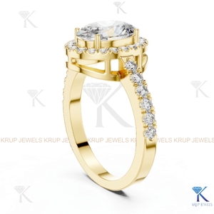 Anillo de compromiso ovalado con halo de diamantes CVD cultivados en laboratorio, personalizado al por mayor, con banda pavé en oro macizo. - Product Image 3