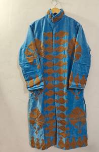 Wholesale Indian Handmade Suzani Embroidered Light Blue Velvet Kimono Jacket Long Duster <b>Coat</b> Vintage Fish Floral Motif <b>Women</b> - Product Image 3