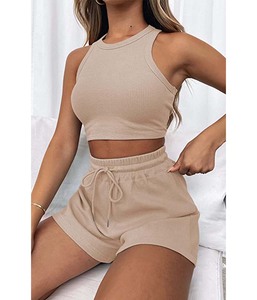 Conjunto Deportivo para Mujer, Top Corto Acanalado Transpirable y Pantalones Cortos Deportivos Elásticos, Ropa de Entrenamiento - Product Image 4