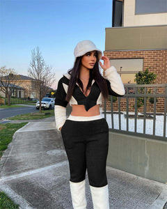 Ensemble 2 pièces en polaire rose et blanc pour femme, haut court à capuche et pantalon taille haute, tenue décontractée et sportive - Product Image 5