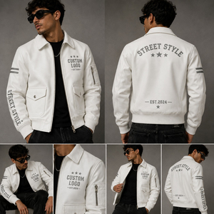 Blouson bomber en cuir blanc personnalisé avec poches zippées, style streetwear et détails graphiques premium pour un confort unisexe, par SHY - Product Image 4
