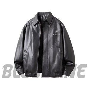 BLOODLINE Men's Black PU Leather Jacket Turn-<b>down</b> Collar Zipper Closure Casual Style Autumn Wear - Product Image 3