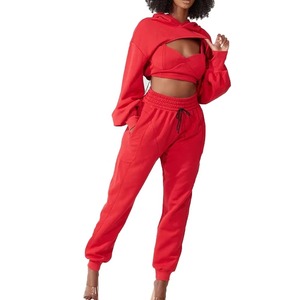 Women Red Hooded Tracksuit Set Full Sleeve <b>Crop</b> Top With Drawstring Joggers Casual Loose Fit Solid Color Winter wear - Product Image 2