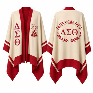 Delta Sigma Theta Embroidered Poncho <b>Red</b> Cream Letter Print Batwing Sleeve Long <b>Cardigan</b> Women's All Seasons Wool Shawl - Product Image 1