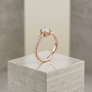 Anillo de compromiso de oro rosa de 10k, 14k, 18k con diamante cultivado en laboratorio de corte ovalado, engaste pavé, solitario de corte redondo con diamante de acento y banda de boda - Product Image 3