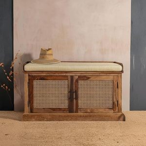 Sheesham Wood Shoe Rack with Cane Doors, Cushioned Top <b>Seat</b>, Honey Matt Lacquer Finish, 105x35x60 cm, Traditional - Product Image 1