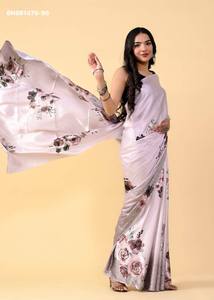 Beautiful Japan <b>Satin</b> Silk with Kalamkari & Floral Print <b>Saree</b>- Silk Blouse Collection Supplier from India Wholesale Supply - Product Image 6