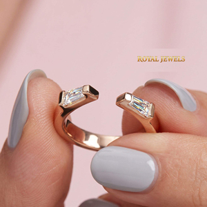 Rose Gold Tone <b>Open</b> <b>Ring</b> Baguette Cut Stone Statement Band Bangle moissanite silver Jewelry for Women - Product Image 2