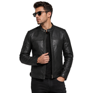 Chaqueta de Motociclista de Cuero para Hombre, Negra, con Protección, Cuello Alto, Ventilada, para Viajes y Desplazamientos - Product Image 1