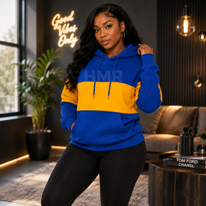 Sudadera con Capucha HMR Sorority Sisterhood en Bloques de Color Azul y Amarillo, Sudadera Informal de Algodón con Diseño de Logotipo Personalizado en la Parte Delantera - Product Image 4