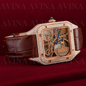Reloj Automático de Lujo con Esqueleto para Hombre |   Reloj de Pulsera Mecánico de Cristal con Diamantes Cuadrados en Oro Rosa, Estilo Hip Hop |   Correa de Cuero Marrón - Product Image 2