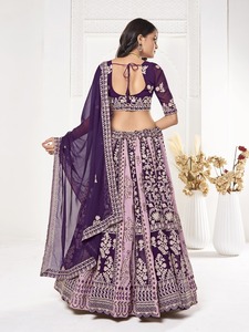 <b>Women</b>’s Purple Georgette Lehenga Choli Set with Heavy Chain Stitch Embroidery, Designer Wedding and Festive <b>Wear</b> with Matching D - Product Image 5