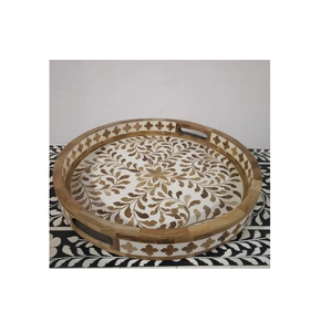 Bandeja de Madera con Incrustaciones de Nácar y Hueso, Diseño Floral, Hecha a Mano, para Servir, Decorativa, para Hogar y Restaurantes - Product Image 6