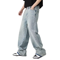 Produsen Denim Celana Jeans Pria Desainer Khusus Model Kaki Lebar Acid Wash Distressed Baggy Pearl dengan Rivet Logam