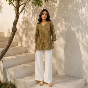 <b>Women</b> Cotton <b>Kurta</b> With Leaf Print Loose Fit Short Kurti Length Casual Ethnic Outfit All Seasons - Product Image 1