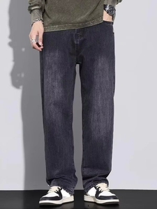 Jeans décontractés pour hommes de haute qualité, coupe droite, couleur unie, denim délavé léger, style vintage - Product Image 4