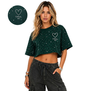 T-shirt décontracté court et oversize avec strass Y2K, épaules tombantes, pour femme, personnalisable avec logo, en coton épais 100% - Product Image 1