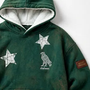 OEM Forest Green Sun Faded <b>Hoodie</b> Vintage Crackle Star <b>Sherpa</b> <b>Lined</b> Shaheen Falcon Grunge Y2K Boxy Oversized Heavyweight 500GSM - Product Image 6