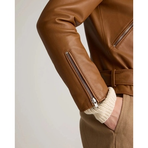 Chaqueta de Motociclista de Cuero Genuino Personalizada para Mujer, Chaqueta de Moto Marrón, Ajustada, con Cierre y Cinturón, OEM ODM - Product Image 5