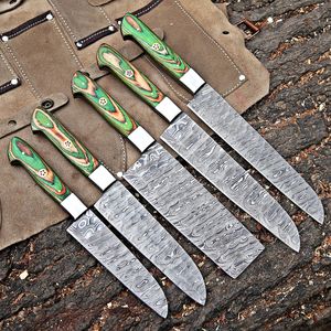Hand Forged 5 Pcs Damascus Steel Full Tang Professional Kitchen Knives <b>Set</b> Multicolor Option Pakka Wood Handle & Leather Bag OEM - Product Image 1