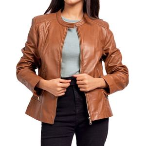 Women's Vintage Sheep Skin <b>Leather</b> Jacket Fashion Motorcycle Style Genuine Outerwear Stripe Knitted Breathable Cotton Lining - Product Image 1