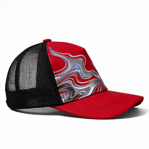 Gorra Trucker de 5 Paneles de Algodón Vaquero Rojo y Negro con Forro Polar y Malla, Estilo Dad Hat, Hebilla Metálica, Sin Estructura, Logotipo Bordado, Casual - Product Image 3
