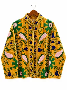 Chaqueta de Algodón con Bordado Suzani en Terciopelo Amarillo Mostaza de Lujo, Patrón Floral, Estilo Boho, Manga Larga, Cuello Alto, Abrigo de Invierno para Mujer - Product Image 1