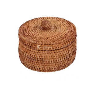Boîte de rangement en rotin tendance avec couvercle, organisateur rond multifonctionnel naturel pour la décoration moderne de la maison - Product Image 2