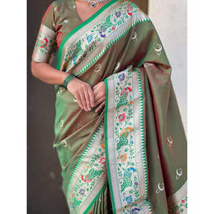 Sari indien et pakistanais en soie Paithani verte Mehandi Elite Weaves pour femmes, tissé avec des fils Zari de Banarasi, 650 g, toutes saisons - Product Image 2