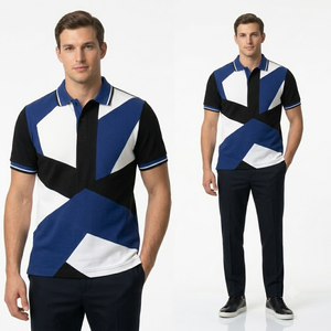 Polo en tricot à manches courtes pour homme AERO, coupe classique, style décontracté, couleurs géométriques contrastées, bleu, noir, blanc - Product Image 1