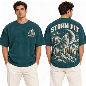T-shirt bleu surdimensionné pour homme Storm Fit, manches courtes, col rond, imprimé loup, jersey de coton respirant, délavé à l'acide, style streetwear décontracté - Product Image 5