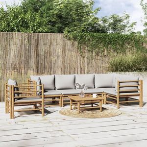 Set Lounge da Giardino in Bambù Naturale con Cuscini Grigio Chiaro - Product Image 1