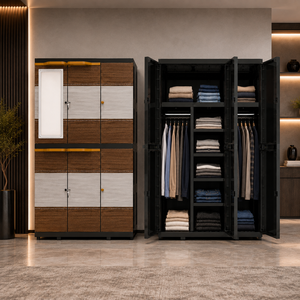Naiba Mega <b>Portable</b> Plastic Cabinet/<b>Wardrobe</b> with Brown Gray Wood Style Doors & Mirror & Hanger for Clothing & Bedroom Storage - Product Image 1
