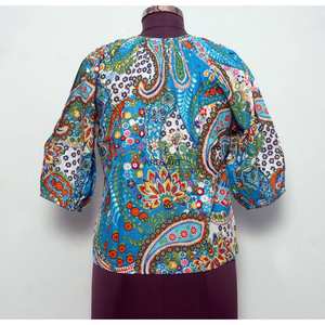 Superbe Tunique de Plage pour Femme en Coton Imprimé Floral, Col Rond, avec Cordons et Pompons, Manches Mi-Longues, Style Chemise Décontractée - Product Image 6