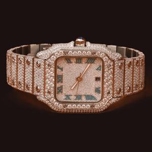 Reloj de Lujo con Diamantes Moissanite en Oro Rosa, Esfera Completamente Adornada, Números Romanos, Movimiento de Cuarzo ETA, Estilo Hip Hop, Personalizado - Product Image 1