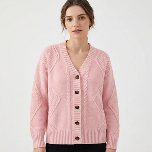 Cárdigan de punto rosa con cuello en V para mujer, manga larga, cierre de botones, estilo casual para otoño, 100% acrílico, grosor estándar, Bangladesh Front - Product Image 2